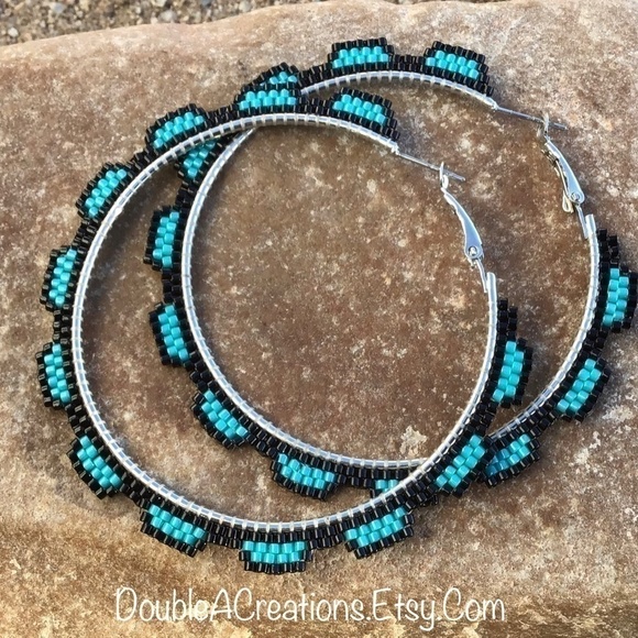 Turquoise Beaded Hoops, New, Handmade by Me - Picture 6 of 14